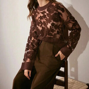 Coffee Brown Casual Women's Floral Pattern Knit Round Neck Drop Shoulder Sweater